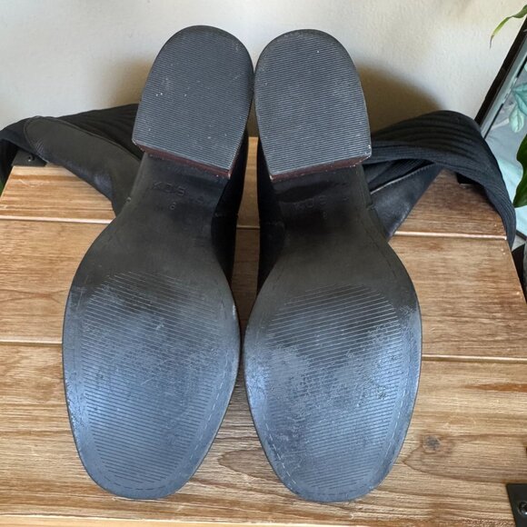 KELSI DAGGER BROOKLYN Black Leather Knit Over The Knee Curved Block Heel Boots - Picture 15 of 16